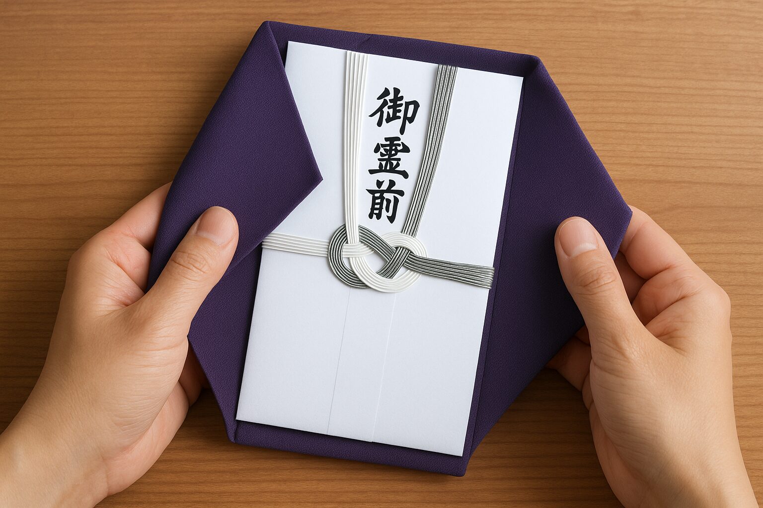 弔事用の袱紗に香典が入っている様子