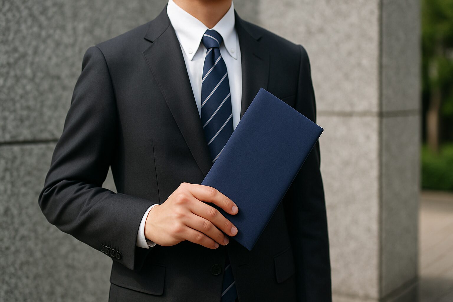 スーツ姿の男性が紺色のふくさを持つ様子